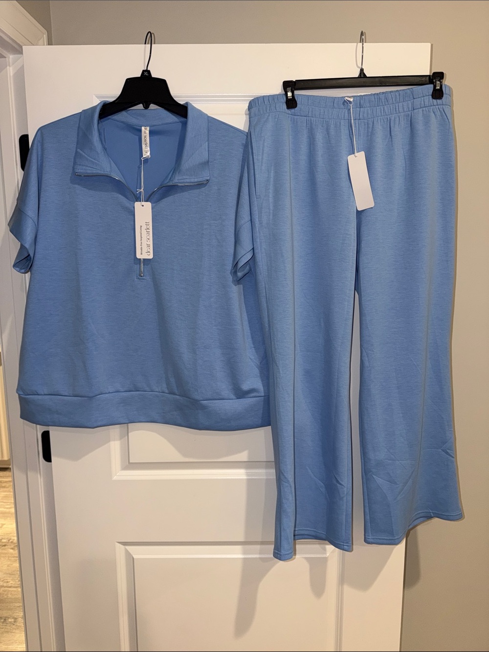 Light Blue Zip-Neck Lounge Set — Women's Short Sleeve Top & Wide Leg Pants